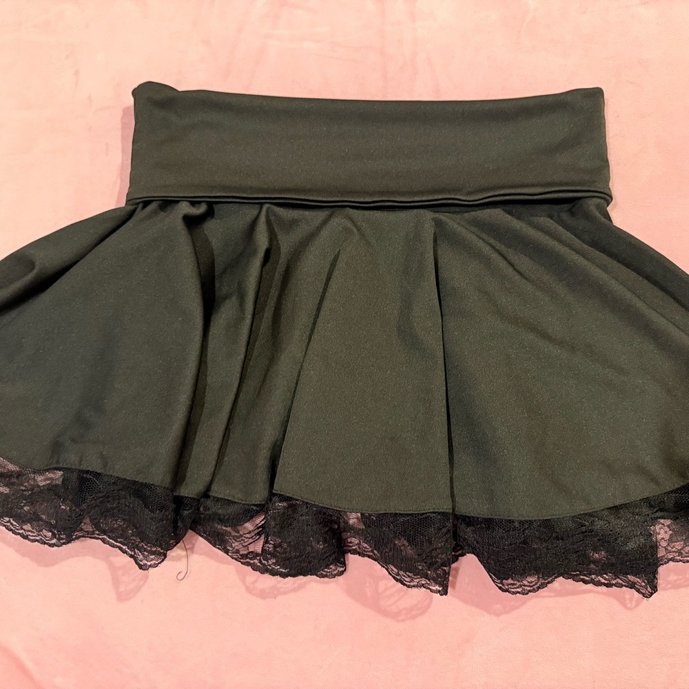 Low rise Black lace trim mini skirt with elastic foldover waist band